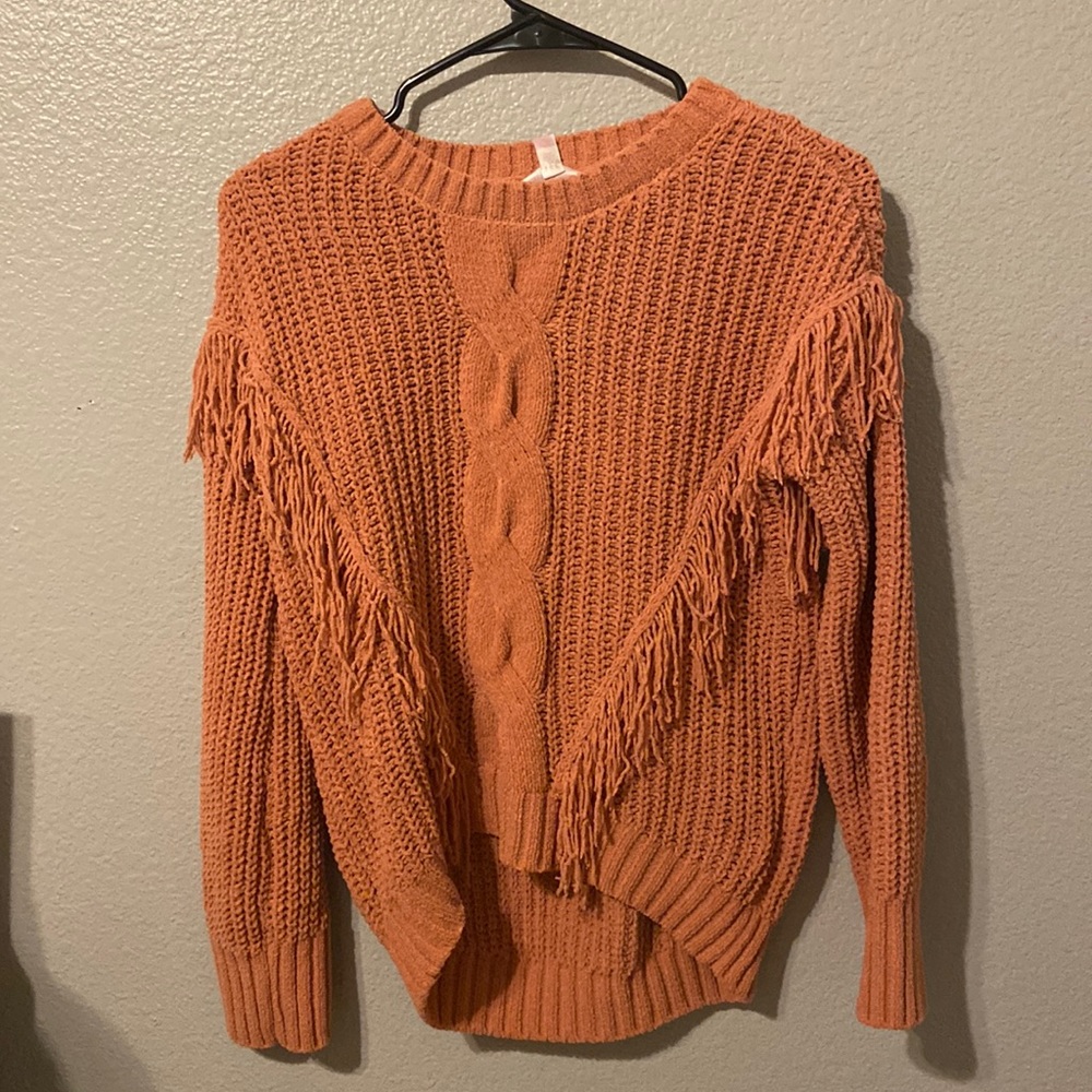 No Boundaries Girls Sweater Burnt Orange, Fringe, Winter, Youth.